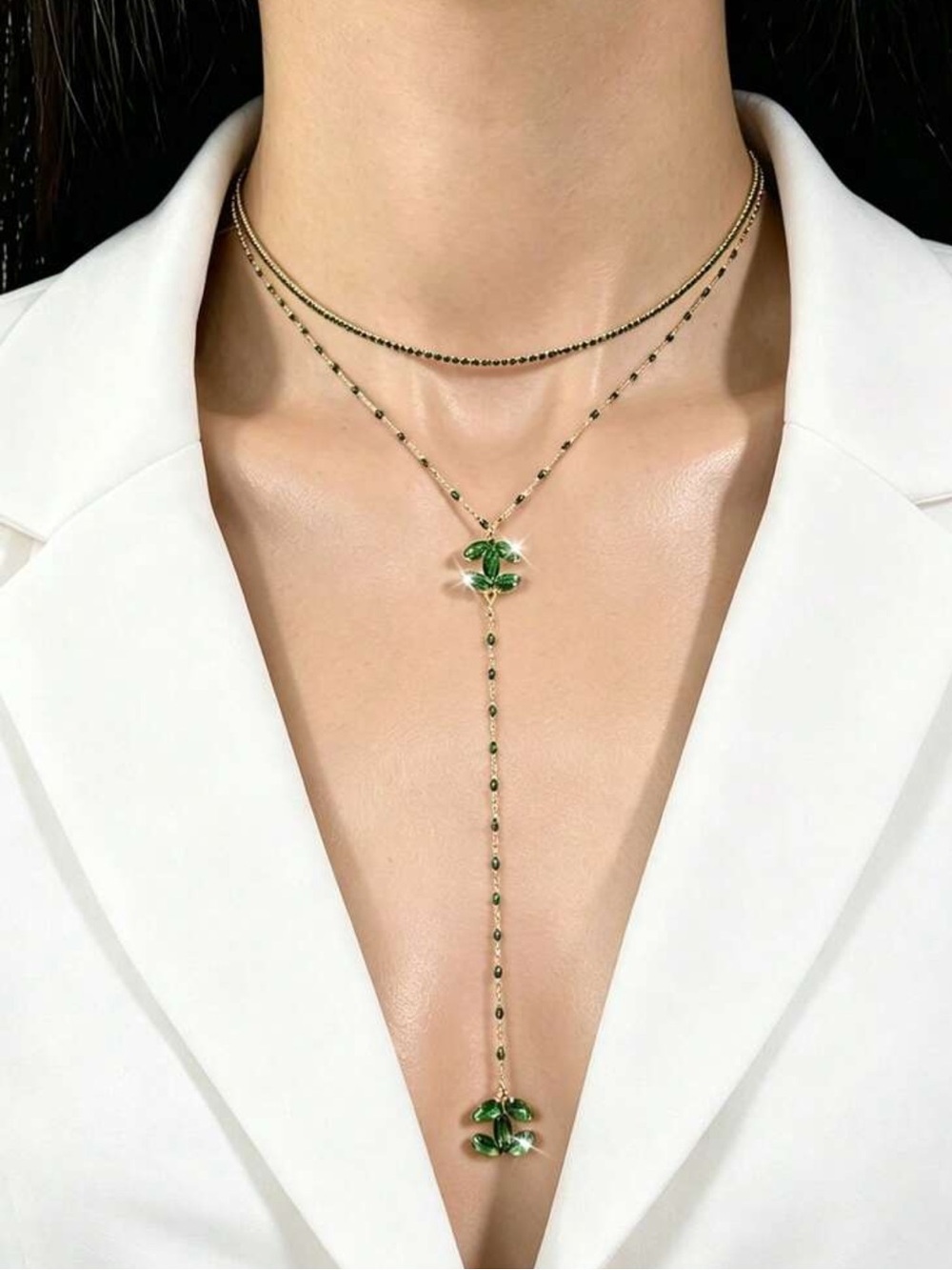 Green & Gold Set of 2 Necklaces- beaded double CC Lariat & emerald green tennis